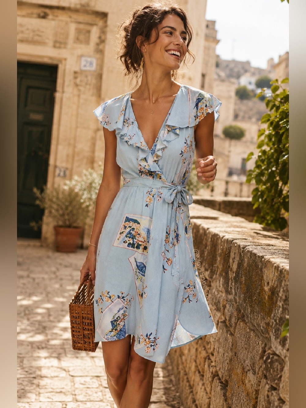 Anthropologie Maeve Blue Floral Travel Motif Wrap Dress